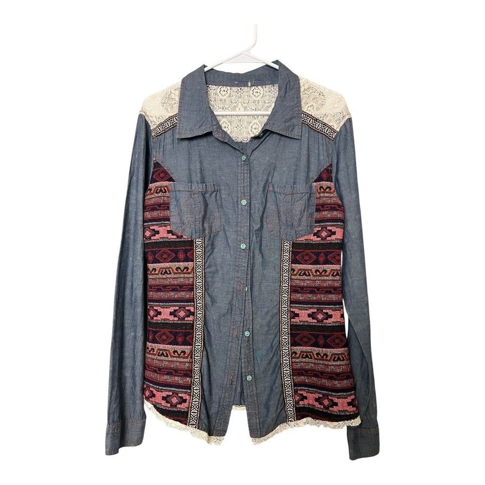 Boho Chambray Button-Up Shirt with Pink Patterned Panels